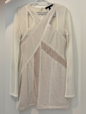 BCBG MAX AZRIA White Open-Knit Long Sleeve Mini Dress